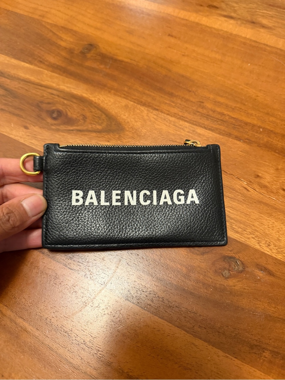 Balenciaga Black Leather Logo Zip Card Pouch with Gold Hardware
